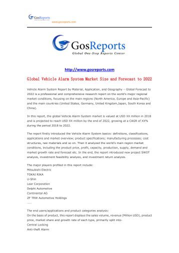 Global Vehicle Alarm System Market Size and Forecast to 2022