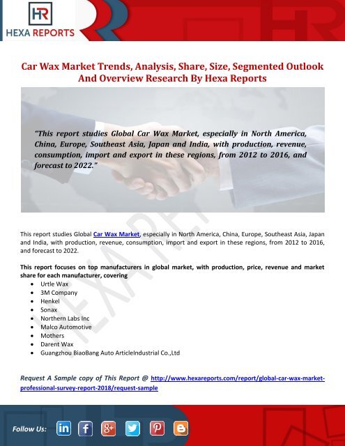 Car Wax Market Trends, Analysis, Share, Size, Segmented Outlook And Overview Research By Hexa Reports