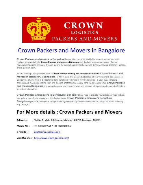 Crown Packers and Movers in Bangalore