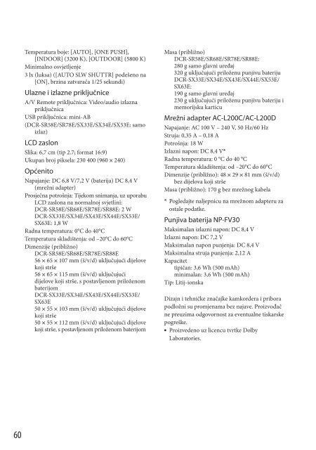 Sony DCR-SX53E - DCR-SX53E Mode d'emploi Croate