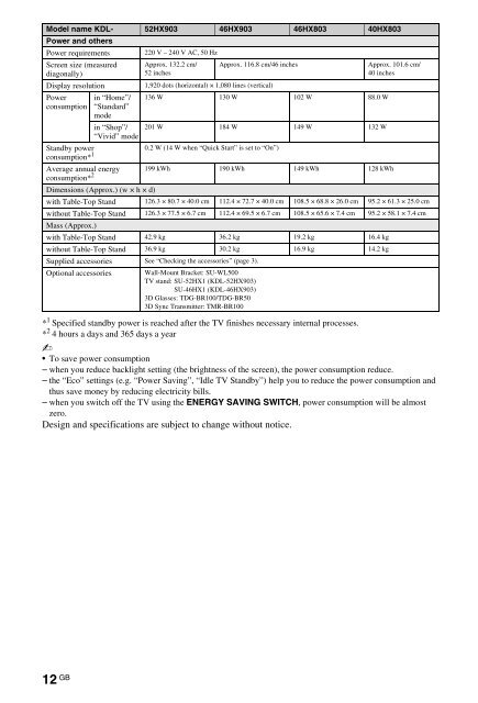 Sony KDL-46HX803 - KDL-46HX803 Mode d'emploi Anglais