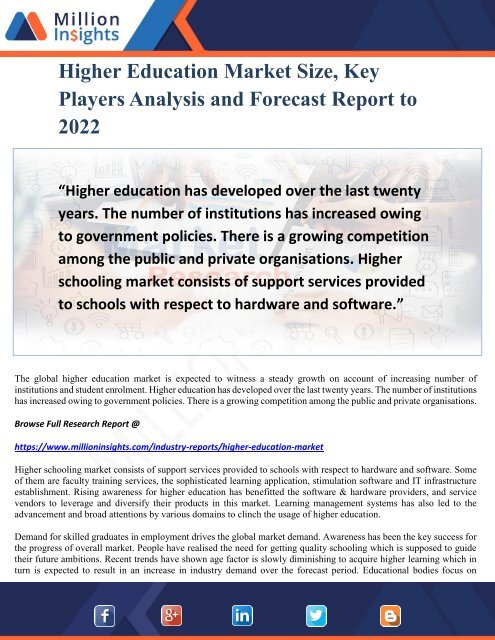 Higher Education Market Size, Key Players Analysis and Forecast Report to 2022