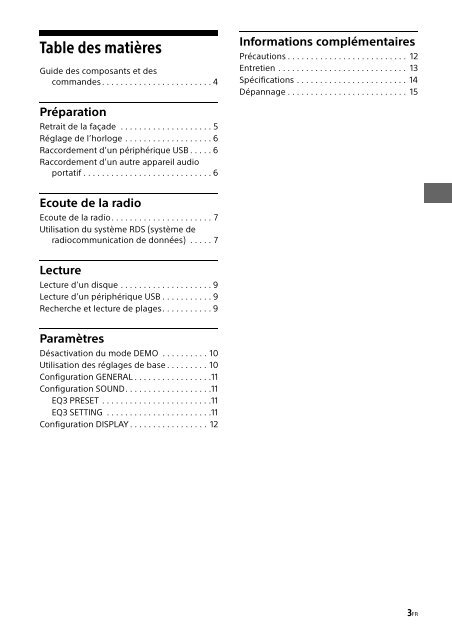 Sony CDX-G1001U - CDX-G1001U Consignes d&rsquo;utilisation Fran&ccedil;ais