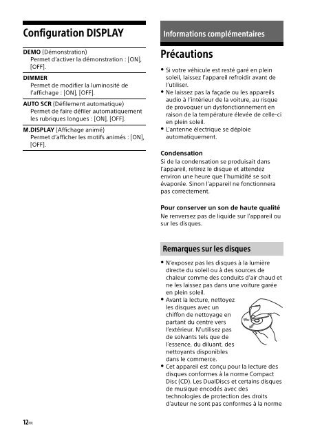 Sony CDX-G1001U - CDX-G1001U Consignes d&rsquo;utilisation Fran&ccedil;ais