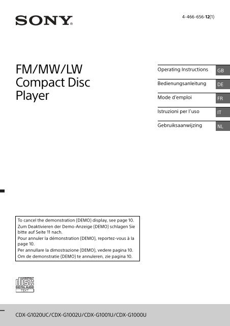 Sony CDX-G1001U - CDX-G1001U Consignes d&rsquo;utilisation Anglais