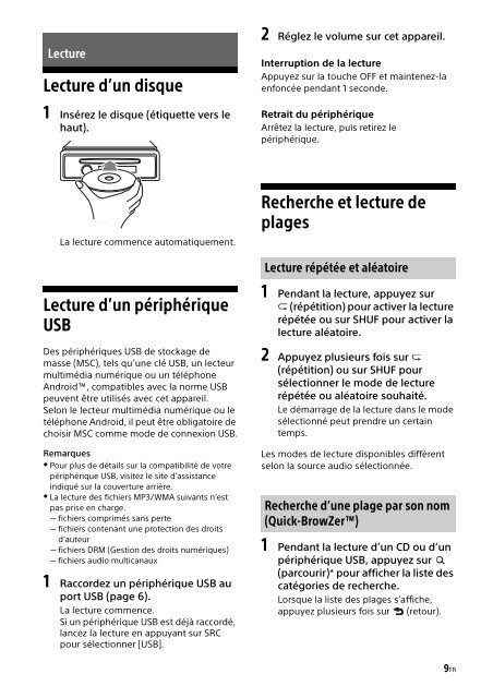 Sony CDX-G1001U - CDX-G1001U Consignes d&rsquo;utilisation Anglais