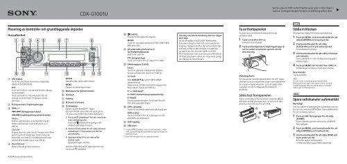 Sony CDX-G1001U - CDX-G1001U Guide de mise en route Su&eacute;dois