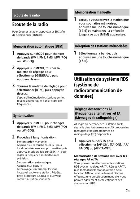 Sony CDX-G1001U - CDX-G1001U Consignes d&rsquo;utilisation