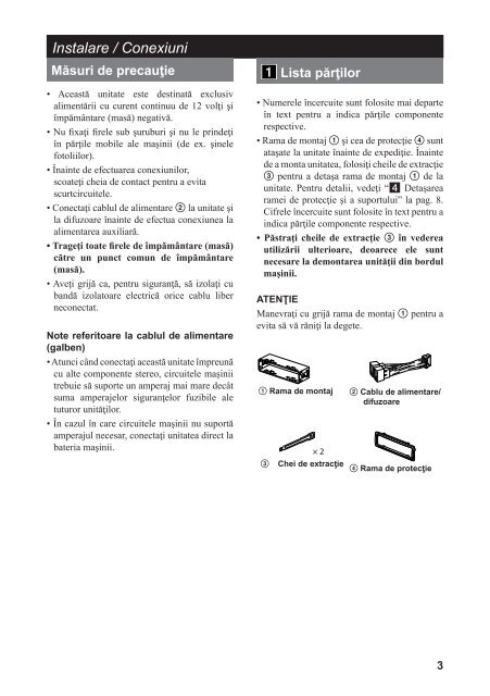 Sony CDX-G1001U - CDX-G1001U Guide d'installation Roumain