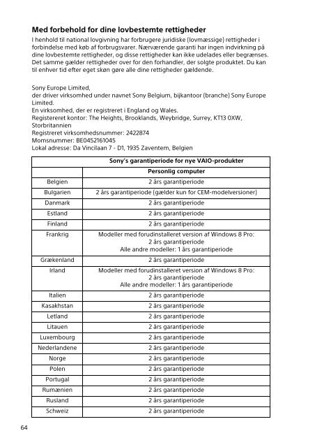 Sony SVE1512M1E - SVE1512M1E Documents de garantie Su&eacute;dois