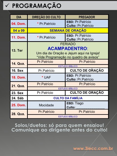 Programação do mês de Fevereiro - 3ª IECC