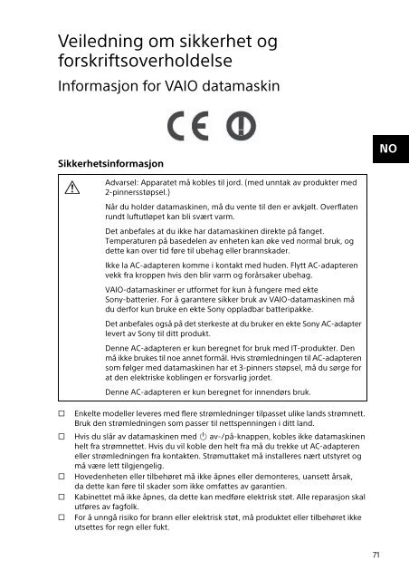 Sony SVE1512M1E - SVE1512M1E Documents de garantie Norv&eacute;gien