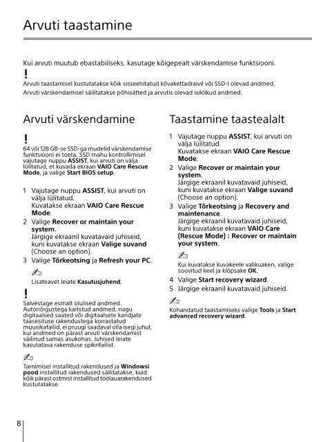 Sony SVE1512M1E - SVE1512M1E Guide de d&eacute;pannage Estonien
