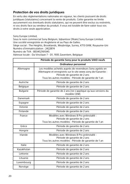 Sony SVE1512M1E - SVE1512M1E Documents de garantie Fran&ccedil;ais