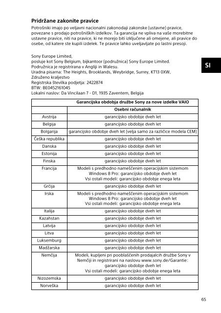 Sony SVE1512M1E - SVE1512M1E Documents de garantie Slov&eacute;nien