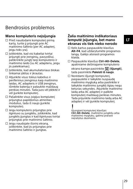 Sony SVE1512M1E - SVE1512M1E Guide de d&eacute;pannage Lituanien