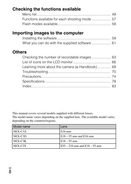 Sony NEX-C3A - NEX-C3A Consignes d&rsquo;utilisation Anglais