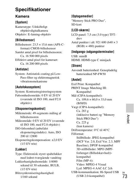 Sony NEX-C3A - NEX-C3A Consignes d&rsquo;utilisation Danois