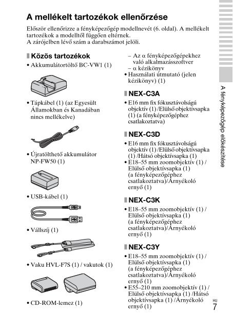 Sony NEX-C3A - NEX-C3A Consignes d&rsquo;utilisation Hongrois