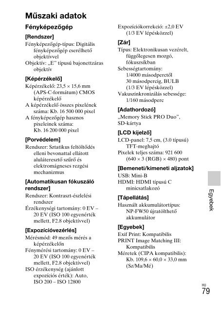 Sony NEX-C3A - NEX-C3A Consignes d&rsquo;utilisation Hongrois