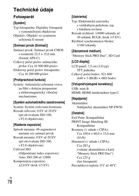 Sony NEX-C3A - NEX-C3A Mode d'emploi Slovaque