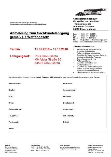 Unterlagen Sachkundelehrgang 11.05-12.05.2018 bei der  PSG Groß-Gerau