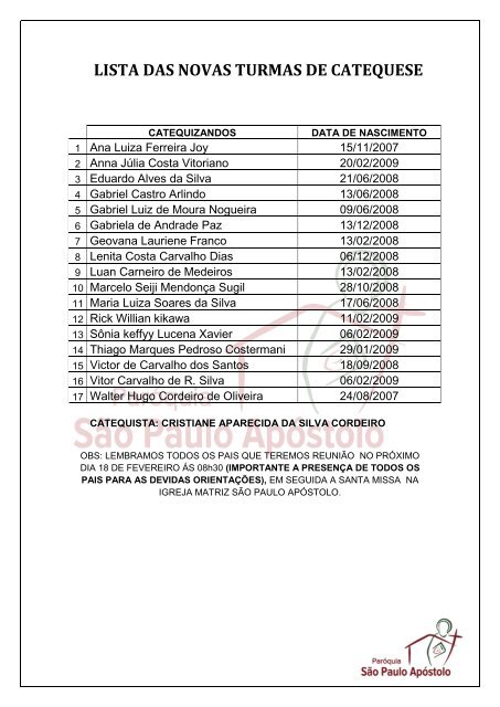 LISTA DAS NOVAS TURMAS DE CATEQUESE