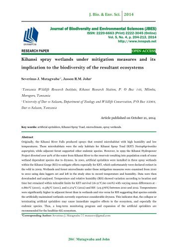 Kihansi spray wetlands under mitigation measures and its implication to the biodiversity of the resultant ecosystems