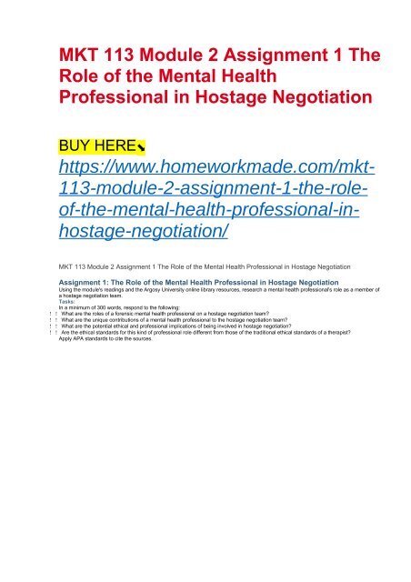 MKT 113 Module 2 Assignment 1 The Role of the Mental Health Professional in Hostage Negotiation