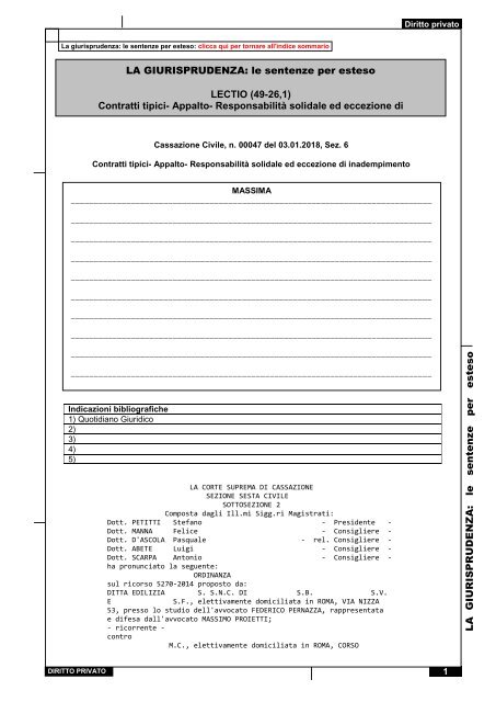 Cassazione Civile, n. 00047 del 03.01.2018, Sez. 6- Contratti tipici- Appalto- Responsabilità solidale ed eccezione di inadempimento (49-26,1) d (1)