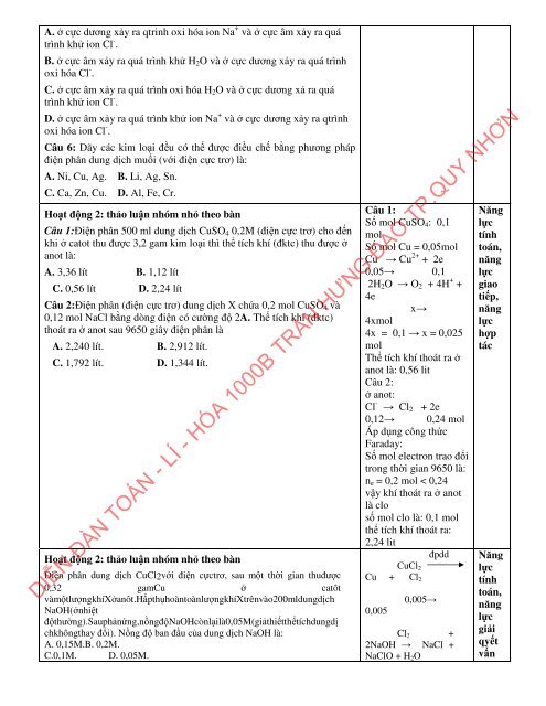 GIÁO ÁN HÓA HỌC TỰ CHỌN 12 SOẠN THEO HƯỚNG PHÁT HUY NĂNG LỰC HS