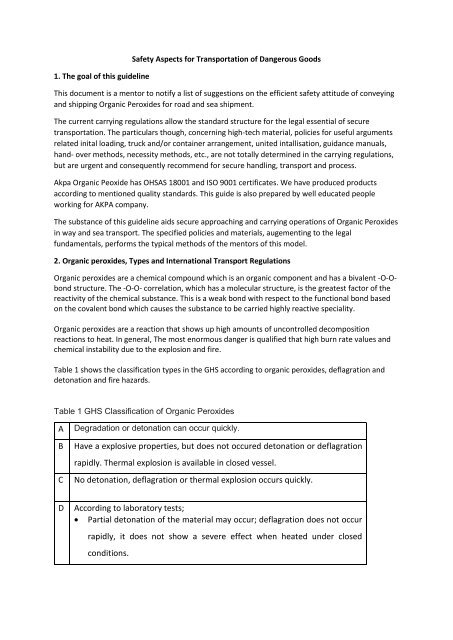 Safety aspects for Transportation of Dangerous Goods