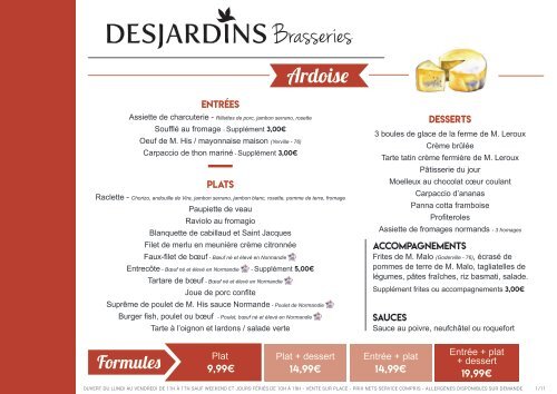 Brasserie Desjardins : La carte du moment !