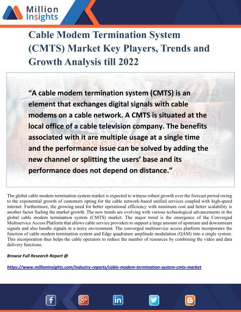 Cable Modem Termination System &amp;#40;CMTS&amp;#41; Market Key Players, Trends and Growth Analysis till 2022