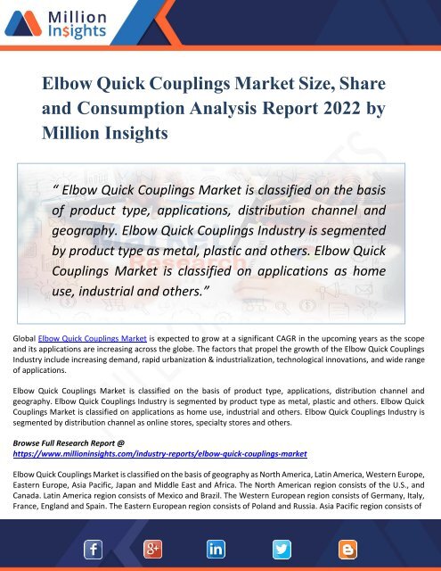 Elbow Quick Couplings Market Segmentation Along With Regional Outlook, Competitive Strategies Factors, Contributing To Growth And Forecast 2022