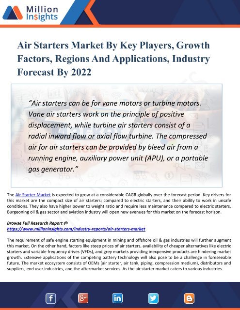 Air Starters Market By Key Players, Growth Factors, Regions And Applications, Industry Forecast By 2022