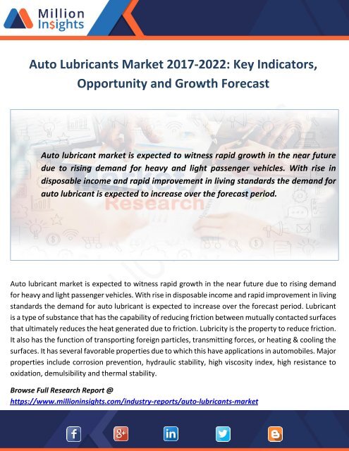 Auto Lubricants Market Analysis, Overview and Forecast by 2017-2022