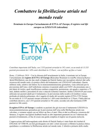 Lixiana Edoxaban Terminato in Europa l’arruolamento di ETNA-AF Europe