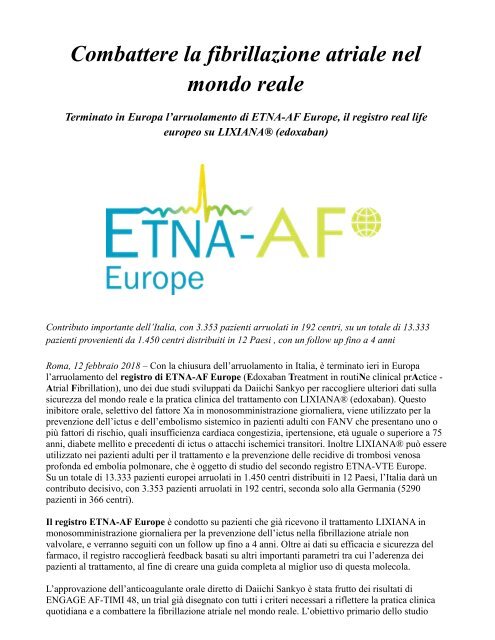 Lixiana Edoxaban Terminato in Europa l’arruolamento di ETNA-AF Europe