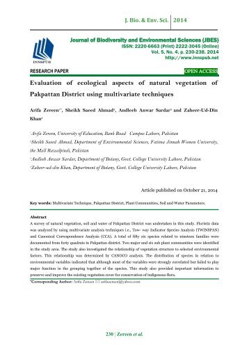 Evaluation of ecological aspects of natural vegetation of Pakpattan District using multivariate techniques