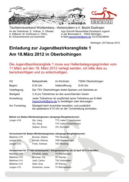 Einladung zur Jugendbezirksrangliste 1 Am 18.März 2012 in ...