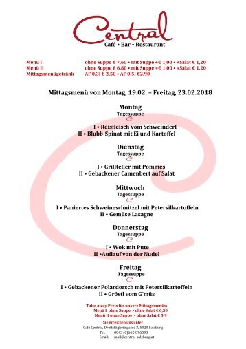 Central Mittagsmenüplan 19.02.-.23.02.2018