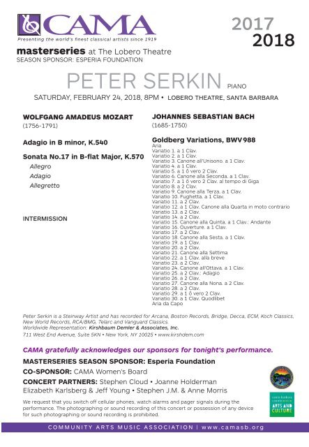 CAMA's Masterseries presents Peter Serkin, piano - Saturday, February 24, 2018, Lobero Theatre, Santa Barbara, 8PM