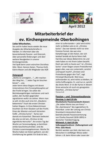 April 2012 Mitarbeiterbrief der ev. Kirchengemeinde Oberboihingen