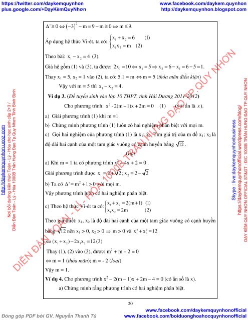 PHÂN DẠNG TOÁN HỆ THỨC VI-ÉT VÀ ỨNG DỤNG (2014 - 2015)