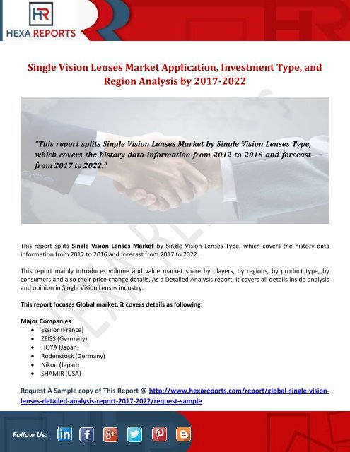 Single Vision Lenses Market Application, Investment Type, and Region Analysis by 2017-2022