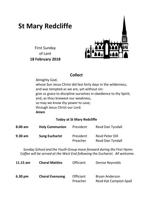 St Mary Redcliffe Church Pew Leaflet - February 18 2018