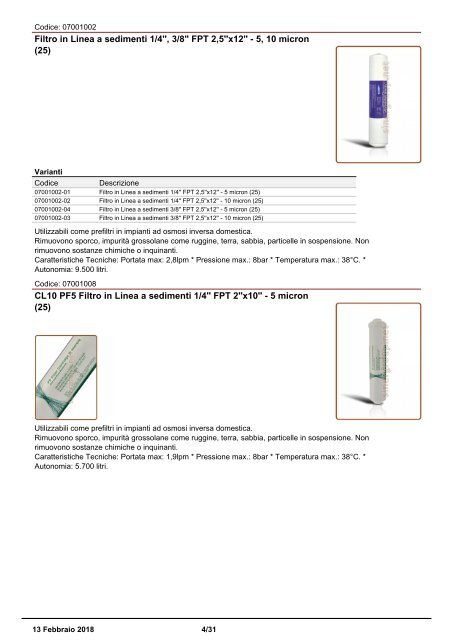 Filtri in Linea catalogo