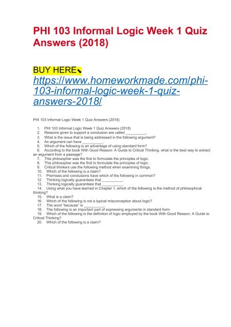 PHI 103 Informal Logic Week 1 Quiz Answers (2018)