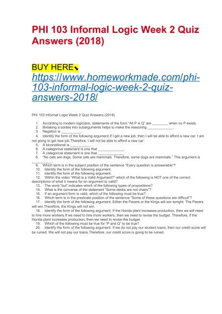 PHI 103 Informal Logic Week 2 Quiz Answers (2018)